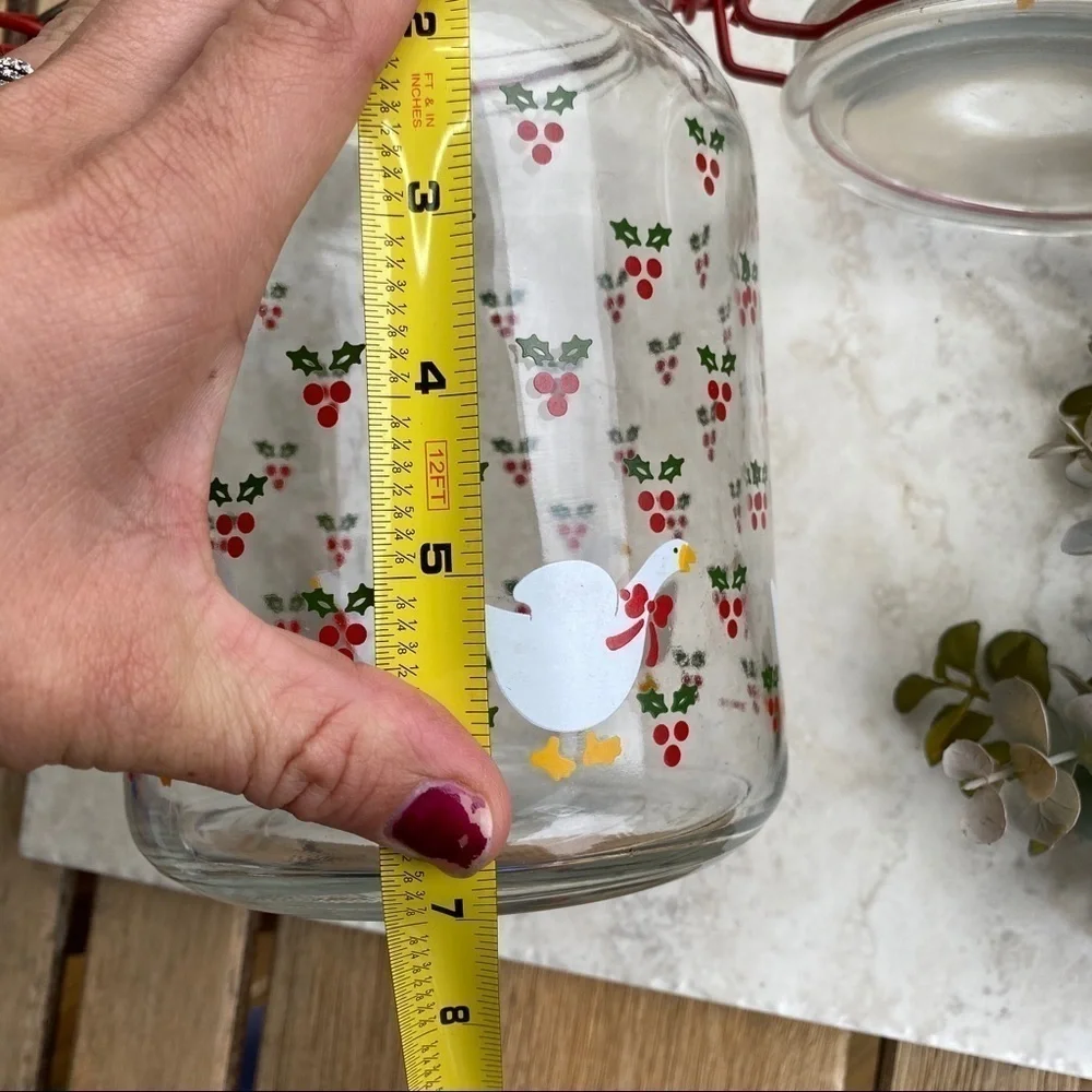 Vintage Christmas holly duck glass canister w lid